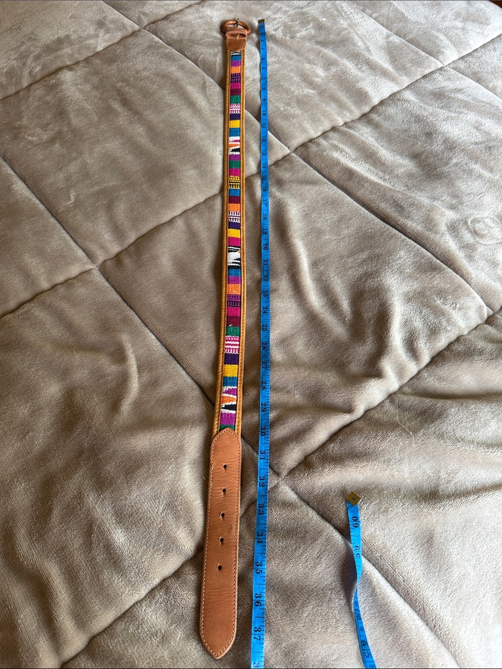 Omega Multicolor Woven Stripe Belt with Tan Leather Trim